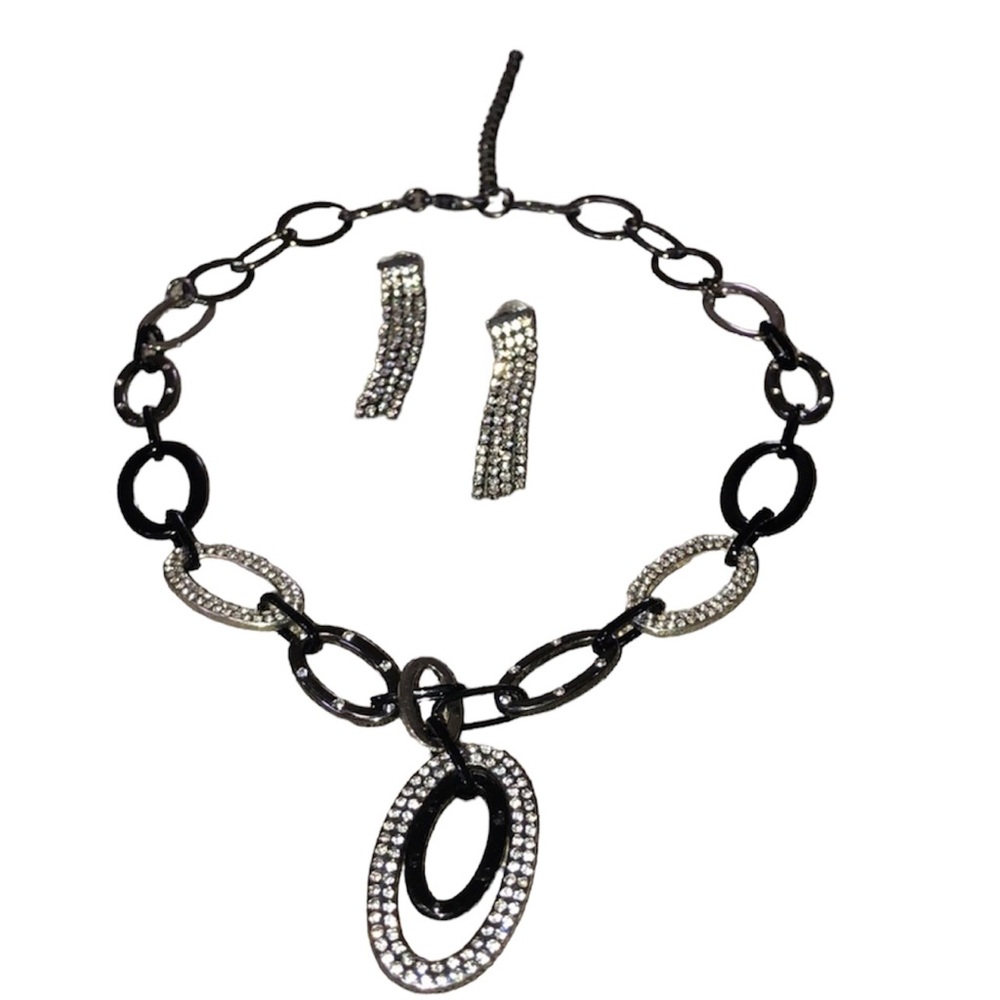 Gunmetal rhinestone earrings and necklace